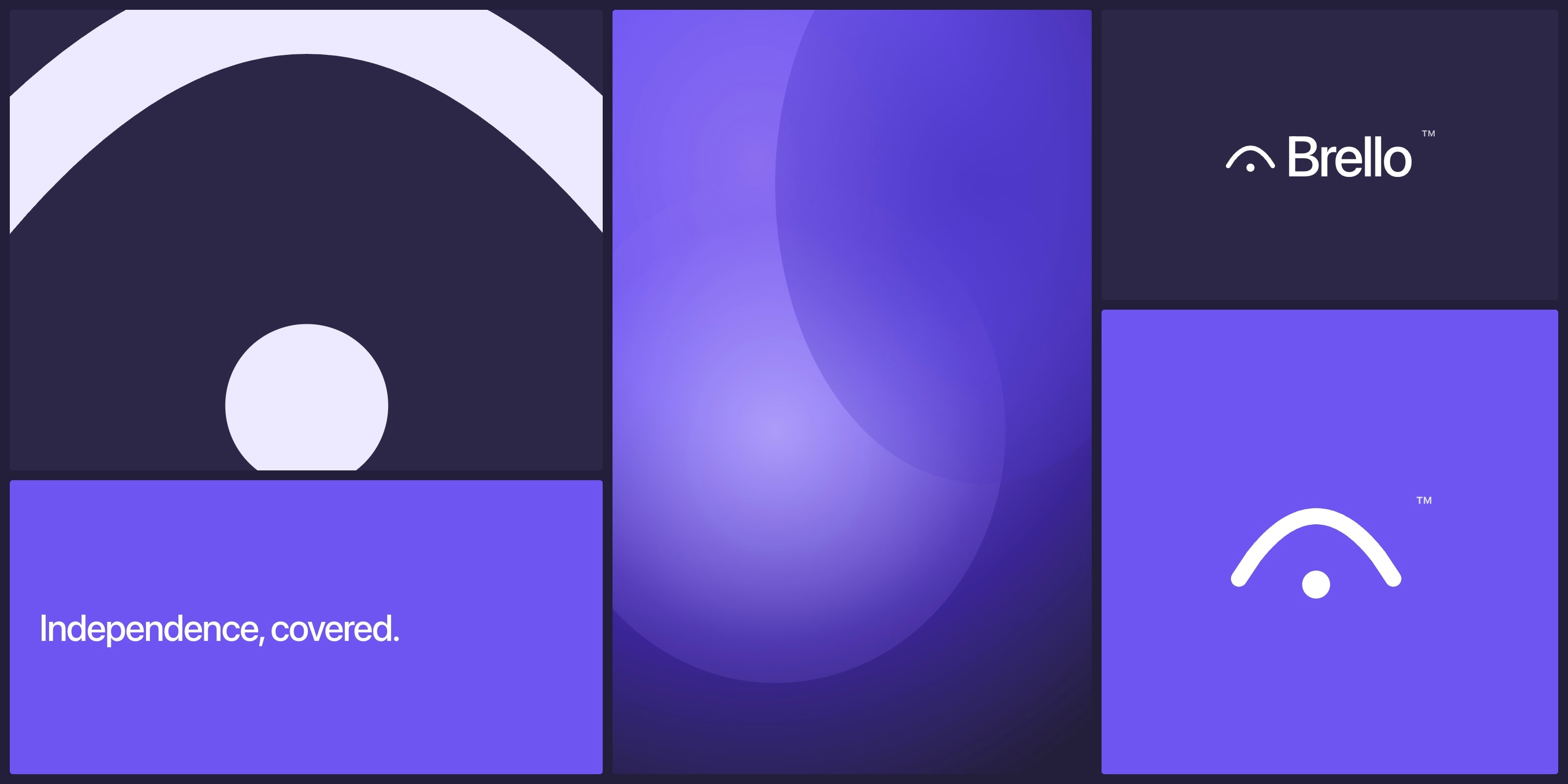 The Brello billboard artwork flat: a panel of the canopy mark on indigo, a violet gradient panel, the wordmark, and a panel reading Independence, covered.