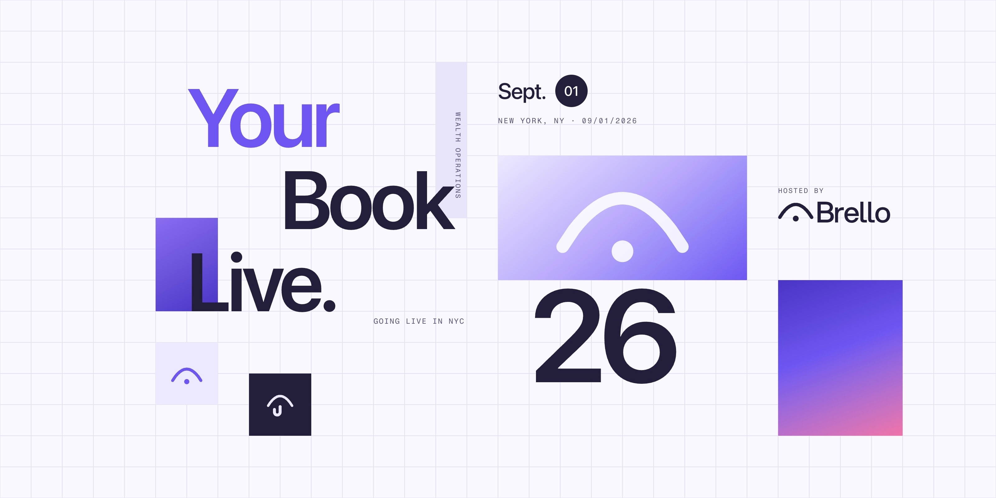 The Your Book Live event artwork flat: the title set large on a grid ground, the date, the canopy mark in a violet panel, and the hosted by Brello lockup.