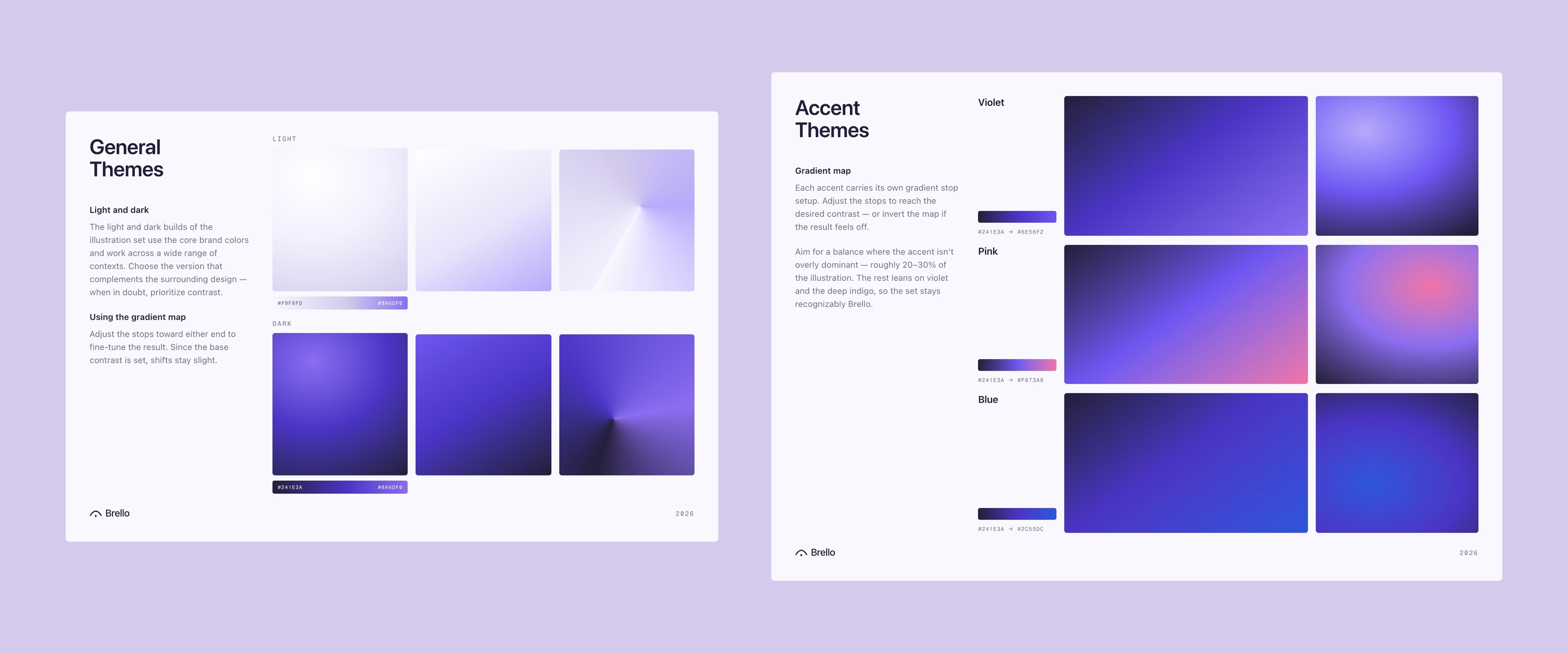 The general and accent theme sheets: light and dark builds of the illustration set, and the violet, pink and blue accent gradient maps with their stop values.